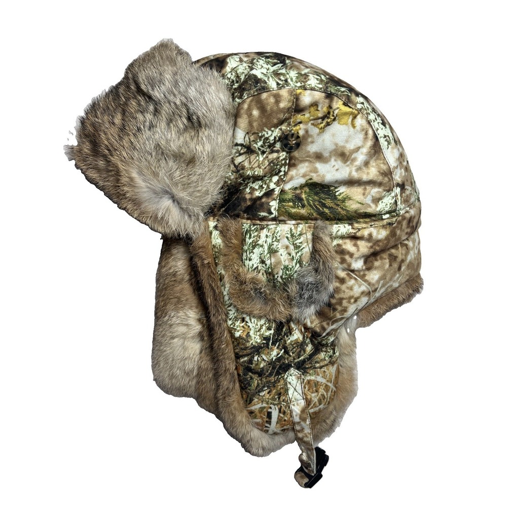 Mad Bomber Camouflage Trapper Hat Natural Rabbit Fur Aviator XXL Mens EUC Warm